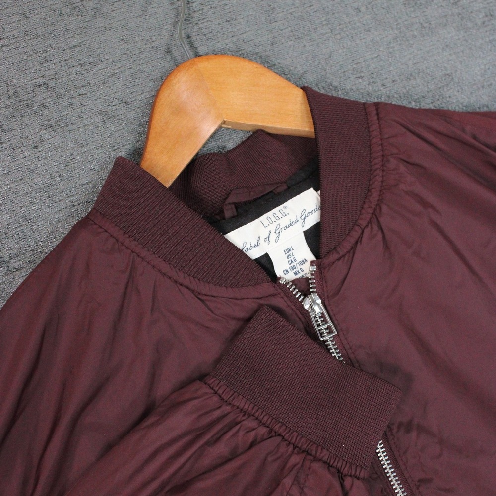 LOGG H&M Mens Bomber Jacket Burgundy Maroon Full Zip Flight Jacket Large